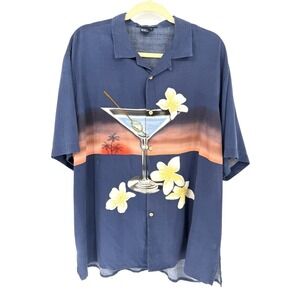 Vtg Tulliano Mens L Silk Camp Shirt Hawaiian Floral Martini Glass Resortwear